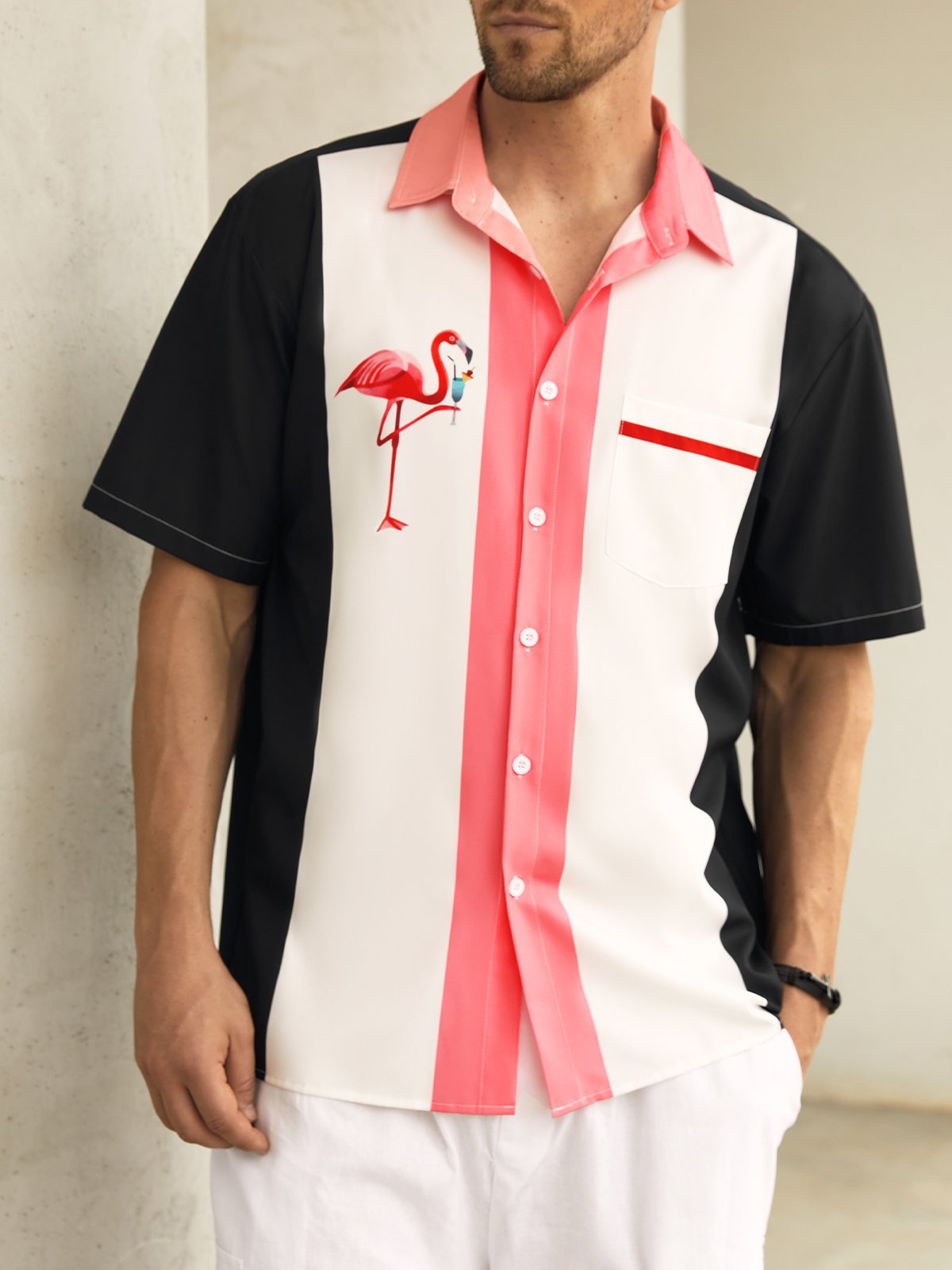 Flamingo Chest Pocket Short Sleeve Bowling Shirt