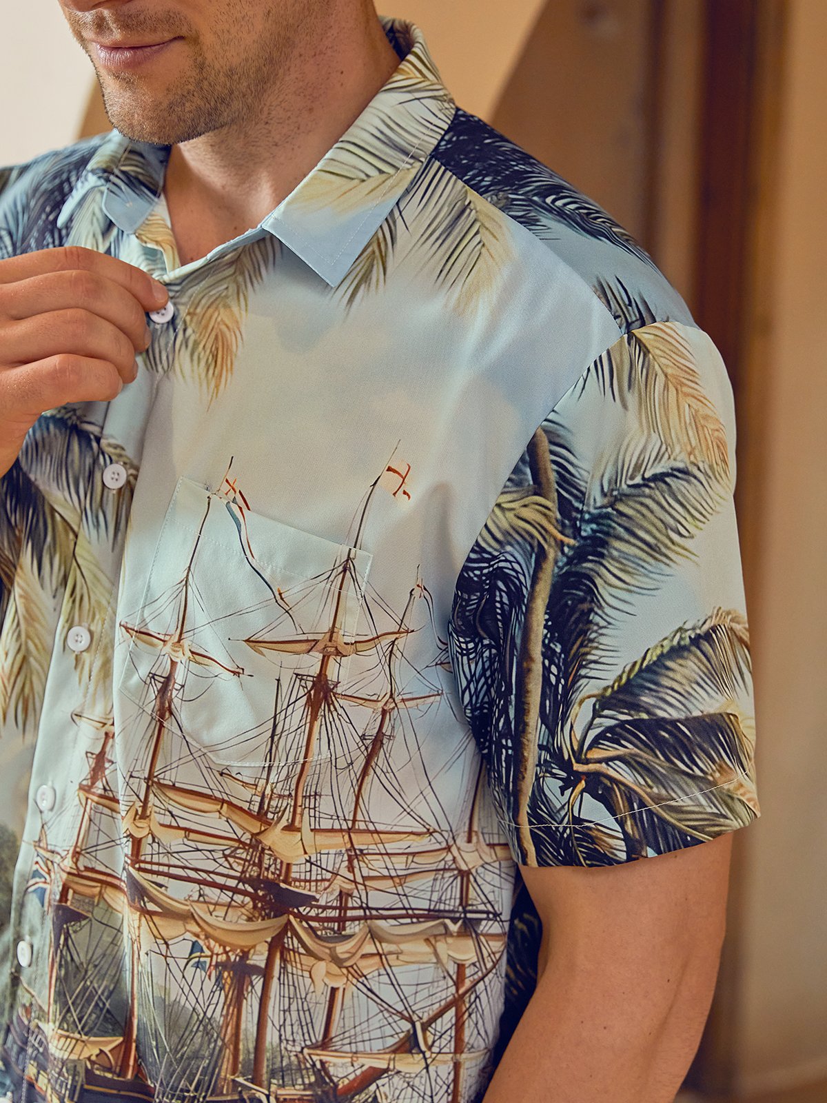Coconut Tree Chest Pocket Short Sleeve Hawaiian Shirt