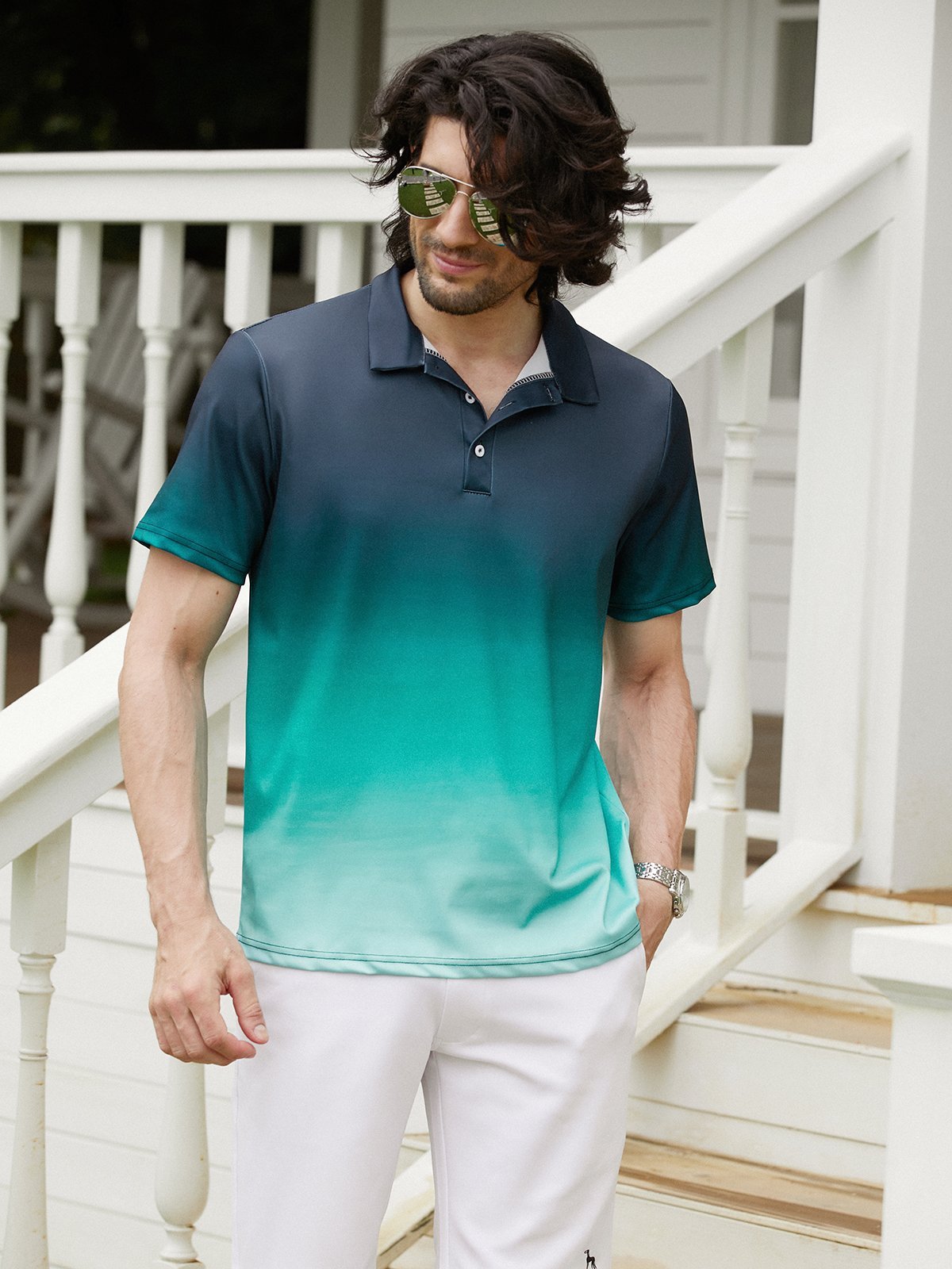 Ombre Button Short Sleeve Polo Shirt