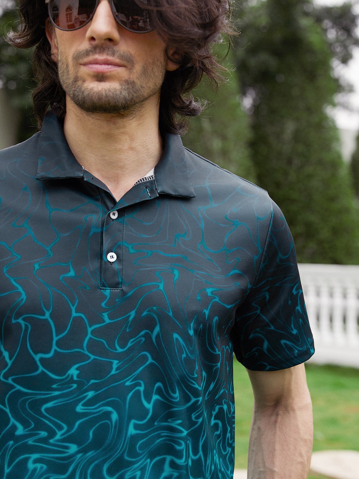 Ombre Abstract Geometric Button Short Sleeve Polo Shirt