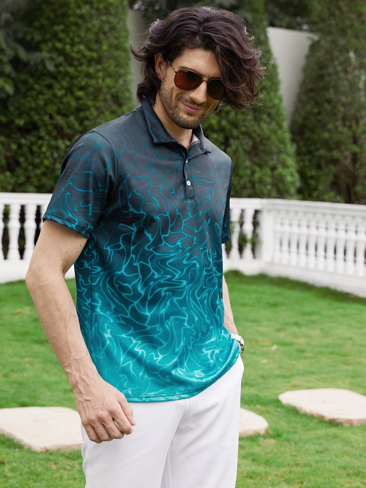 Ombre Abstract Geometric Button Short Sleeve Polo Shirt