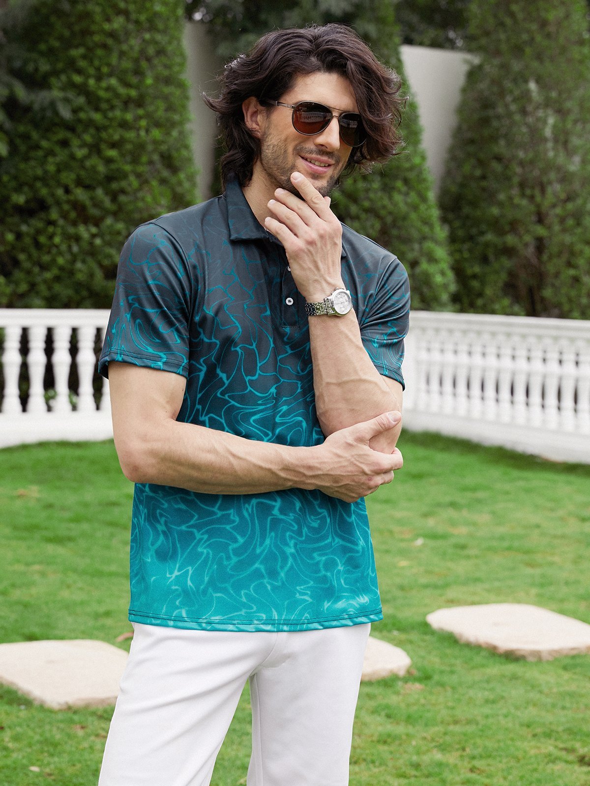 Ombre Abstract Geometric Button Short Sleeve Polo Shirt