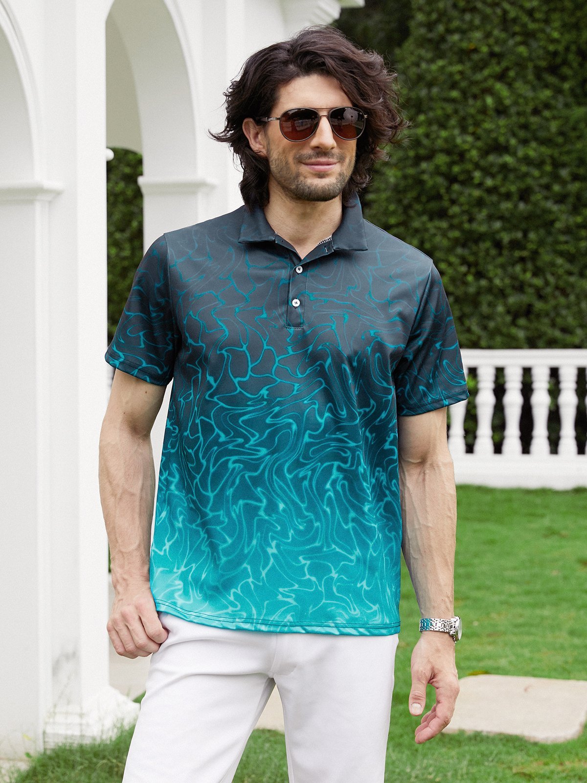 Ombre Abstract Geometric Button Short Sleeve Polo Shirt