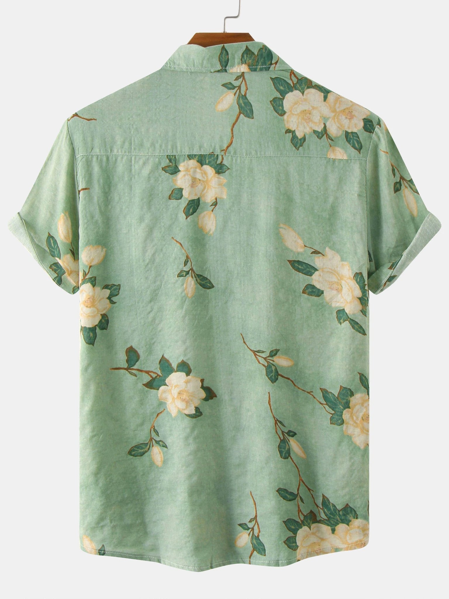 Cotton and Linen Style American Casual Plant Flower Versatile Linen Shirt