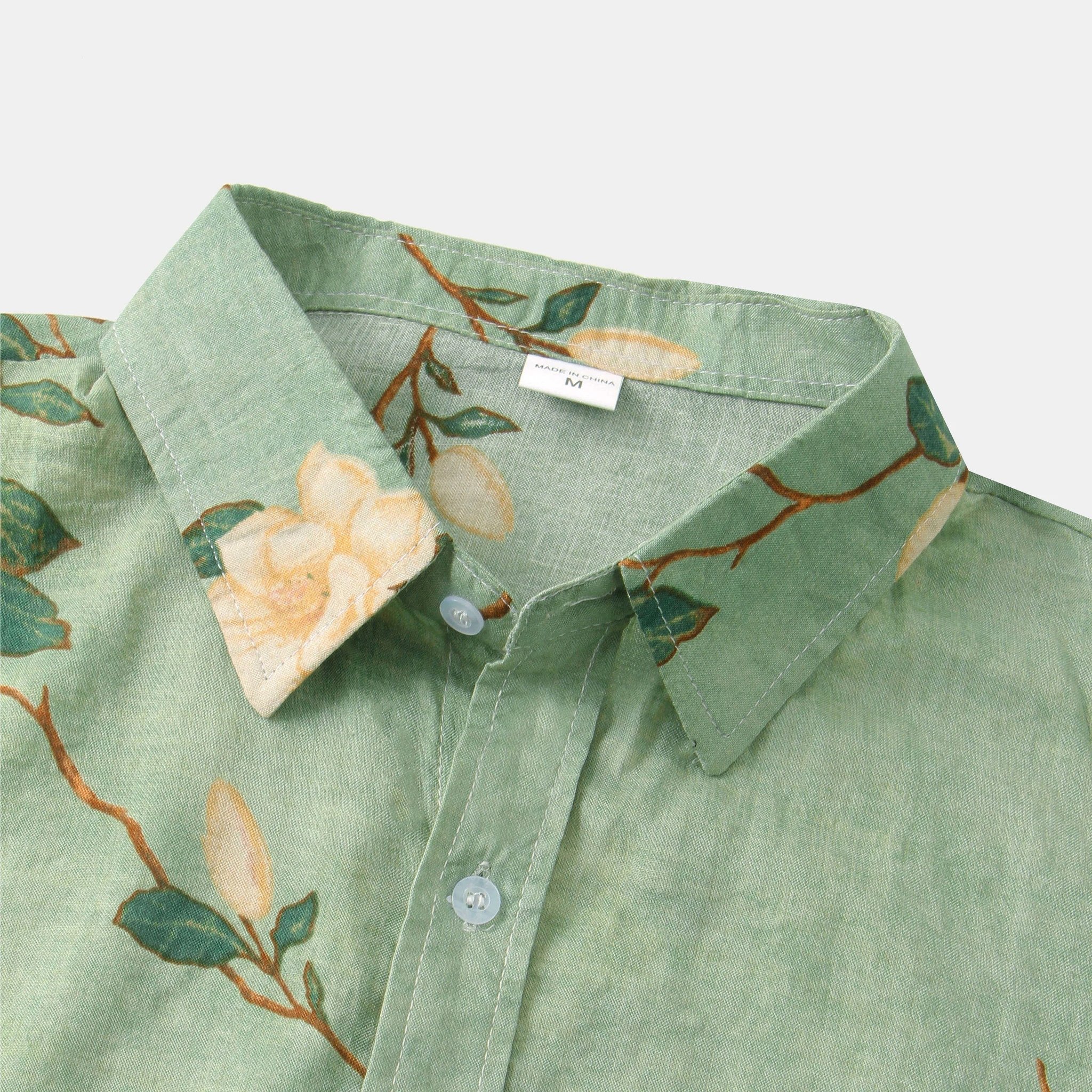Cotton and Linen Style American Casual Plant Flower Versatile Linen Shirt