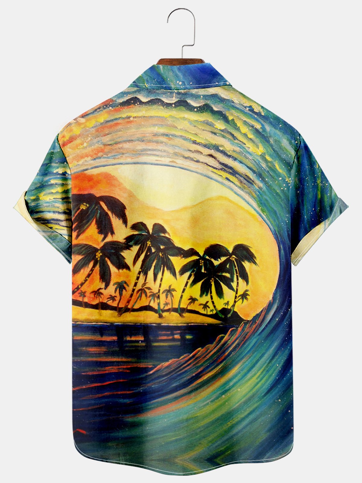 Mens Wave Coconut Tree Print Casual Breathable Hawaiian Short Sleeve Shirt