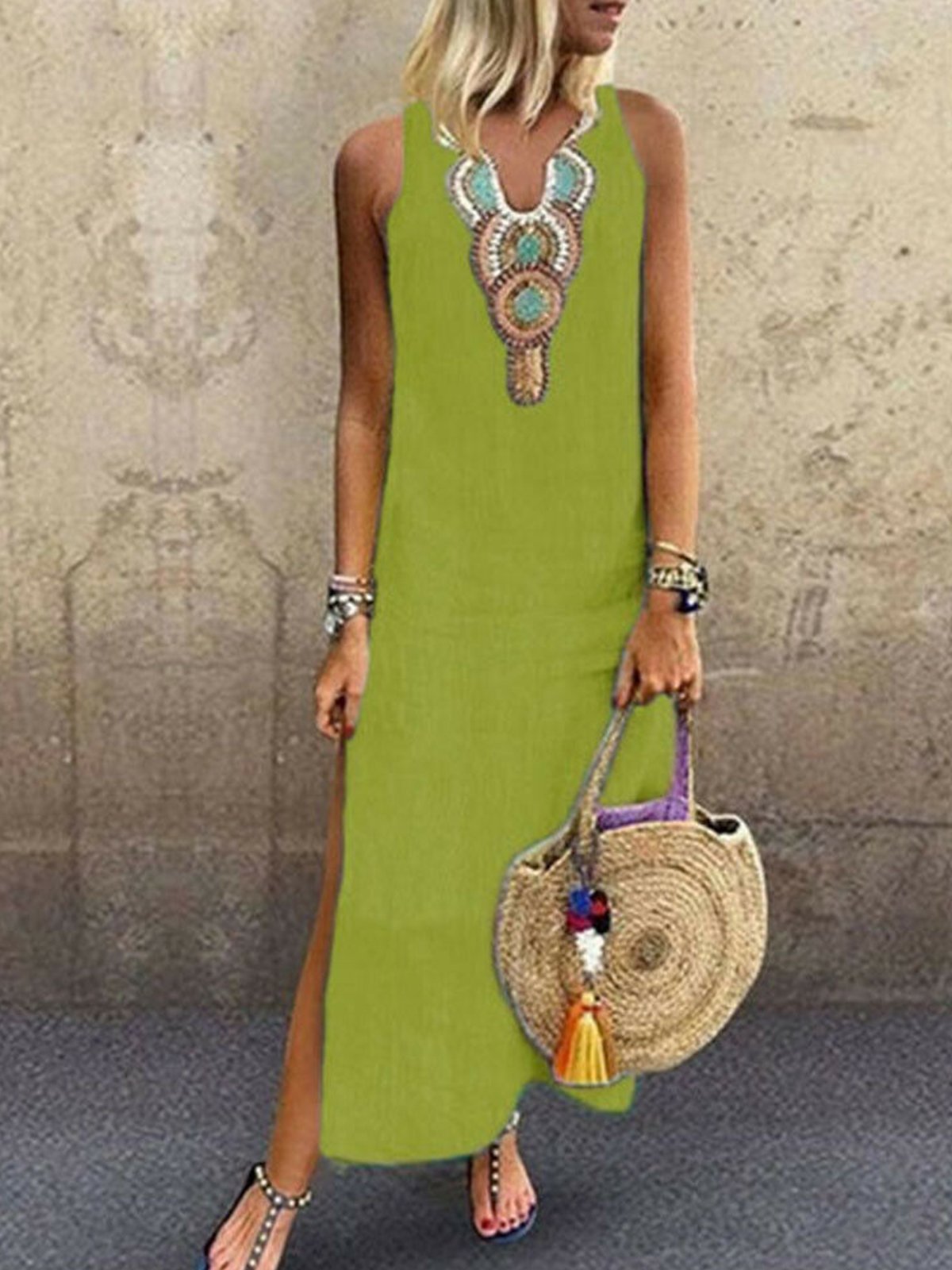 Loosen Vacation Linen Simple  Ethnic V Neck Short sleeve Woven Dress