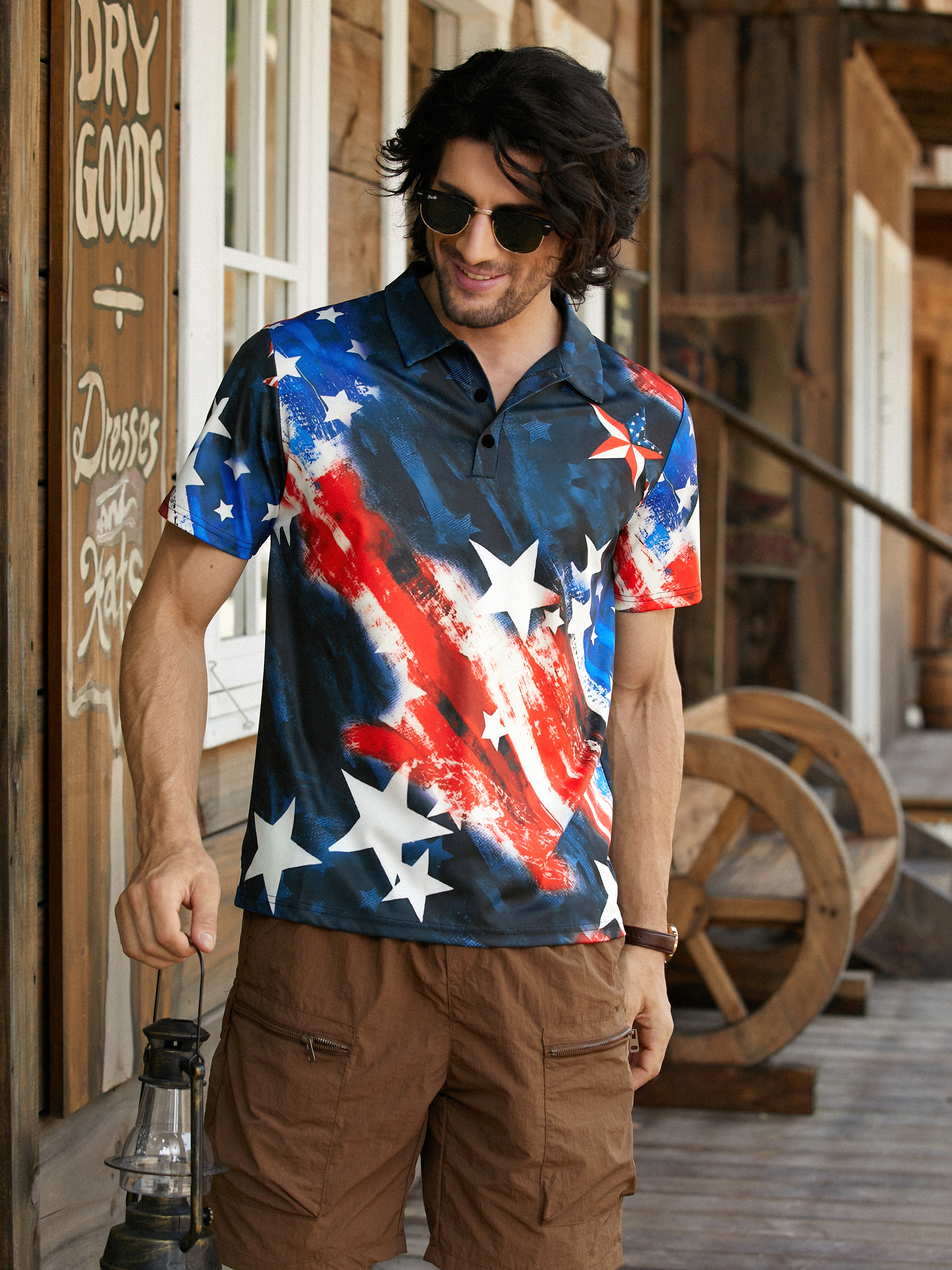 USA Flag Button Down Short Sleeve Polo Shirt