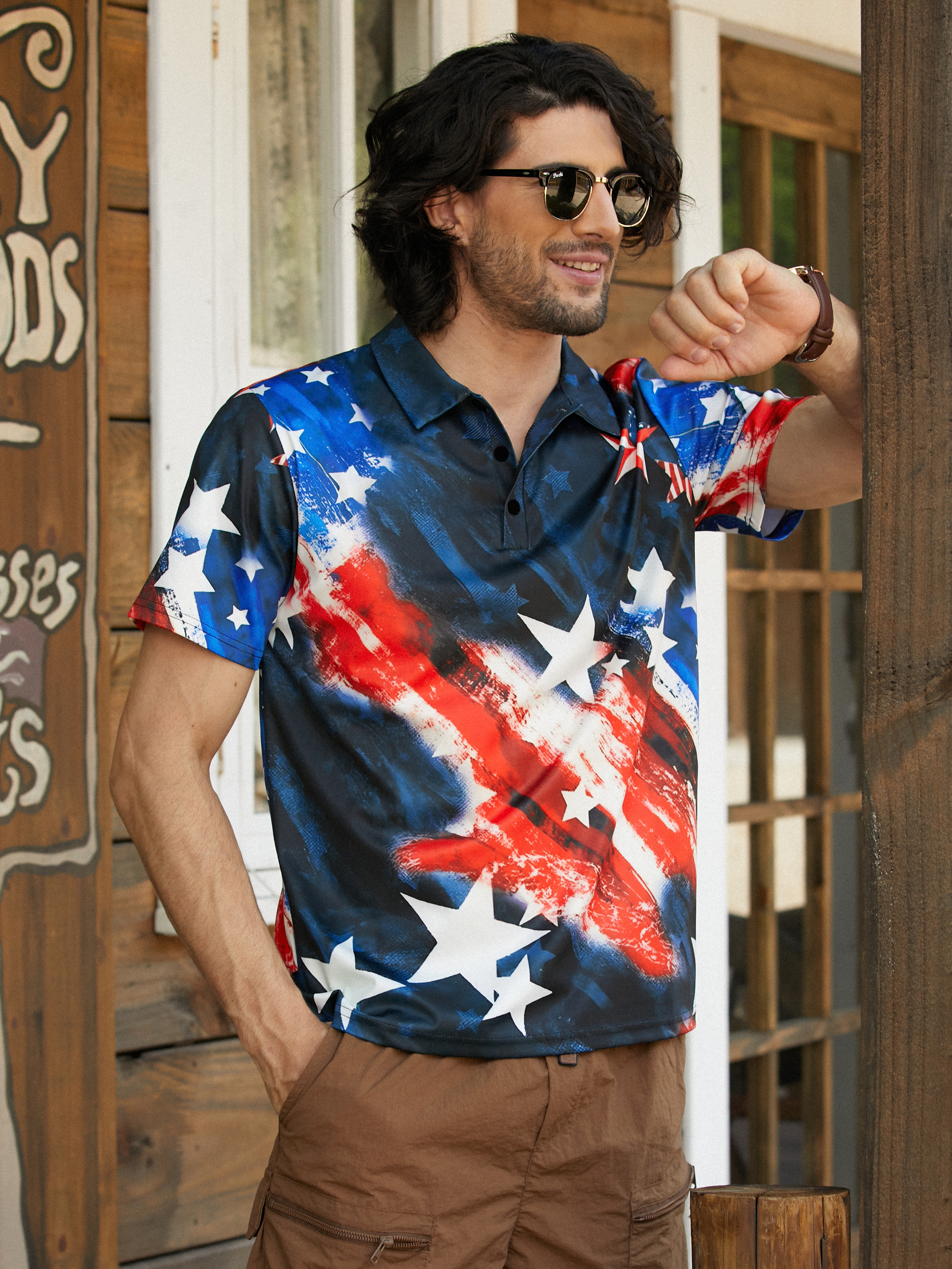 USA Flag Button Down Short Sleeve Polo Shirt