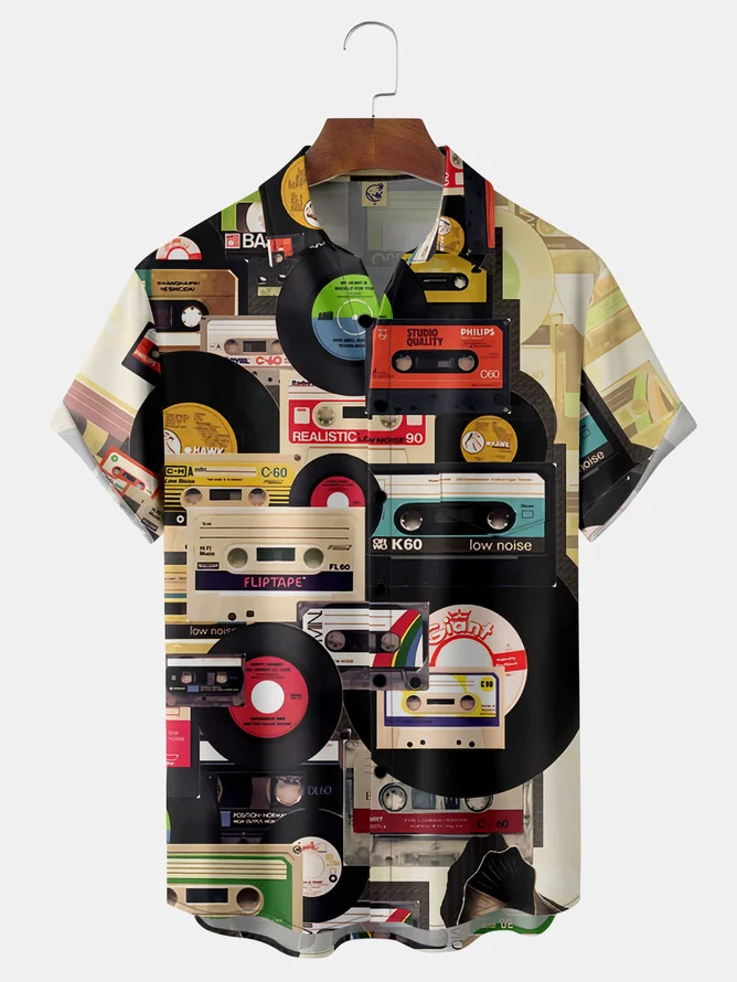 Music Magnetic Tape Chest Pocket Short Sleeve Casual Shirt