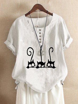 Cotton-Blend Casual Cats Print T-Shirts & Tops