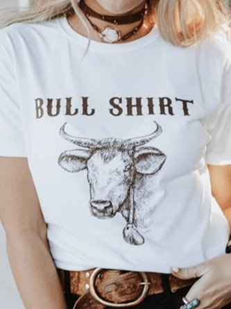 Western style casual loose cow head pattern printed short sleeve round neck T-shirt
