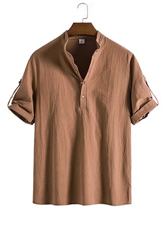 Men's Fashion Casual Solid Color Cotton Linen Mid Sleeve Shirt