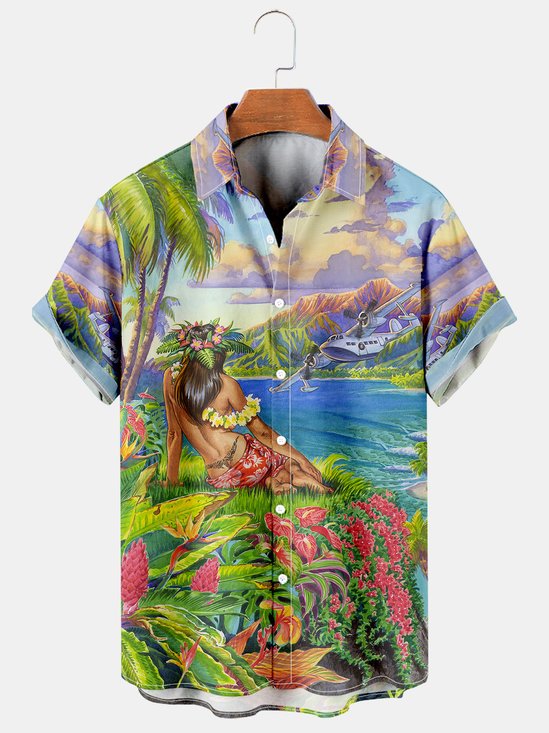 Mens Hula Beauty Print Casual Breathable Hawaiian Short Sleeve Shirt