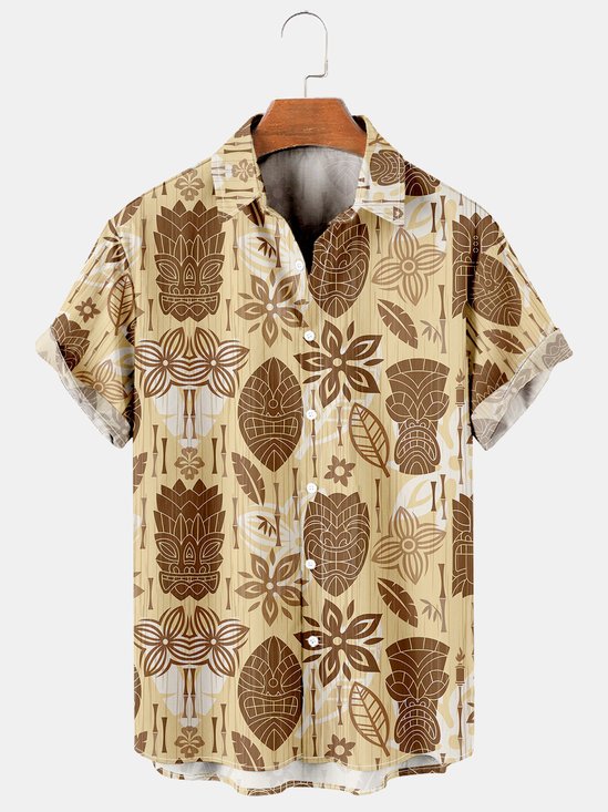 Mens Retro Aloha Hippie Print Lapel Loose Short Sleeve Funky Hawaiian Shirt