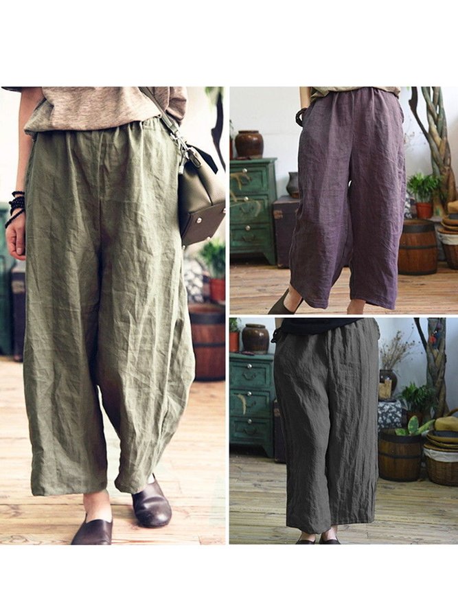 Casual Pockets Linen Plus Size Pants