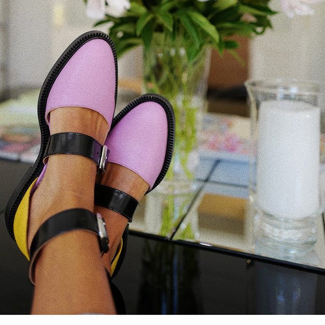 low heel color block buckle flats