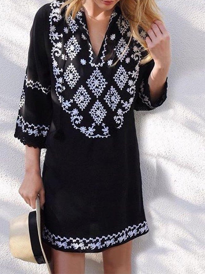 Black Geometric Boho V Neck Floral Print Dresses Dress Black