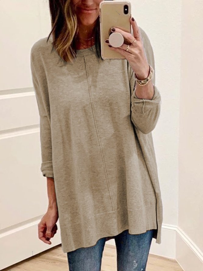 Plus Size Casual Long Sleeve Crew Neck Solid Tops
