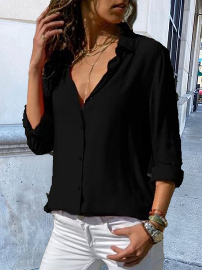 Mostata Solid Casual Stand Collar Chiffon Plus Size Blouse