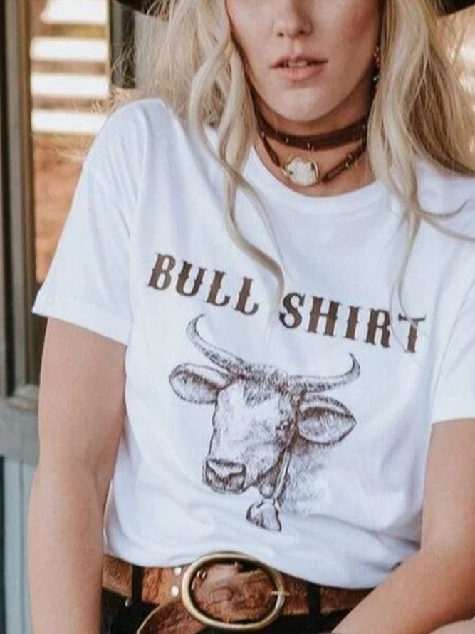 Western style casual plus size loose cow head pattern printed short sleeve round neck T-shirt