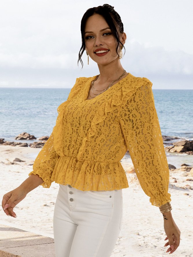 Yellow Long Sleeve V Neck Floral Shirts & Tops mostata