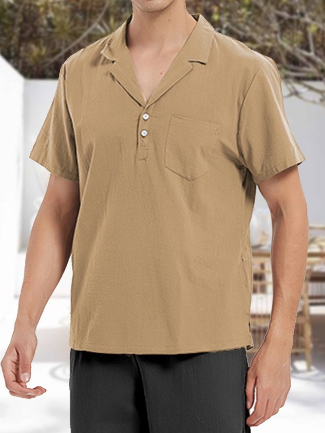 Men's Cotton Linen Retro Solid Color Short Sleeve Shirt
