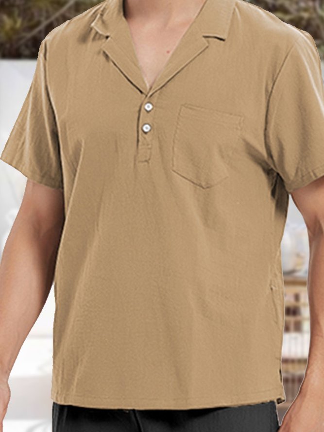 Men's Cotton Linen Retro Solid Color Short Sleeve Shirt