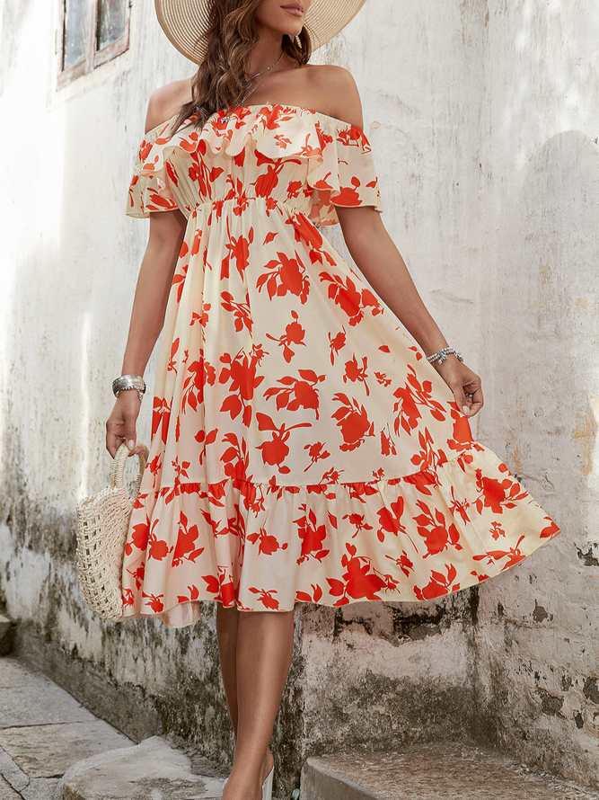 Floral Frill Sleeve Boat Neck Short Sleeve Woven Dress