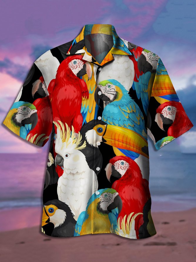 Mens Hawaiian Parrots Print Casual Short Sleeve Aloha Shirts