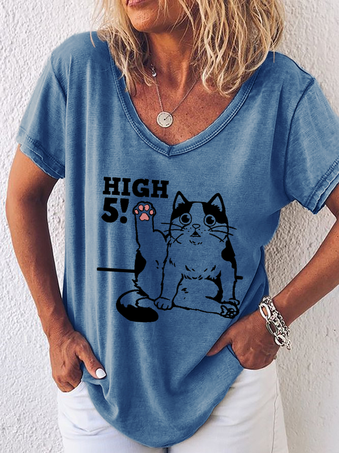 Women's Cute High 5! Funny Cat Simple V Neck T-Shirt