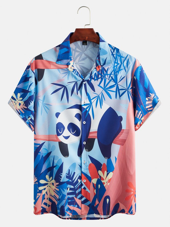 Mens Panda Print Casual Breathable Short Sleeve Shirt